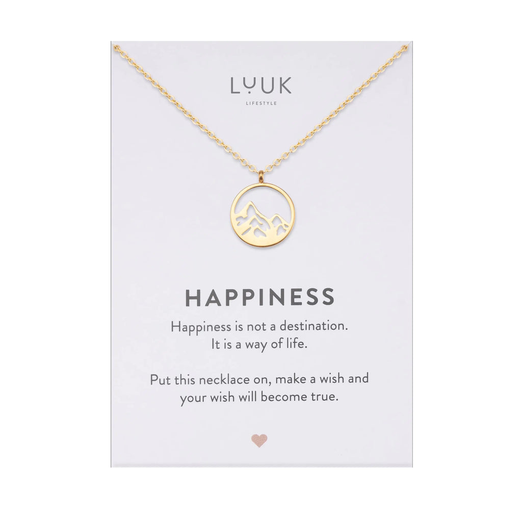 LUUK LIFESTYLE Necklace with mountain peak coin pendant and HAPPINESS card jewellery for mountain enthusiasts & hikers gold