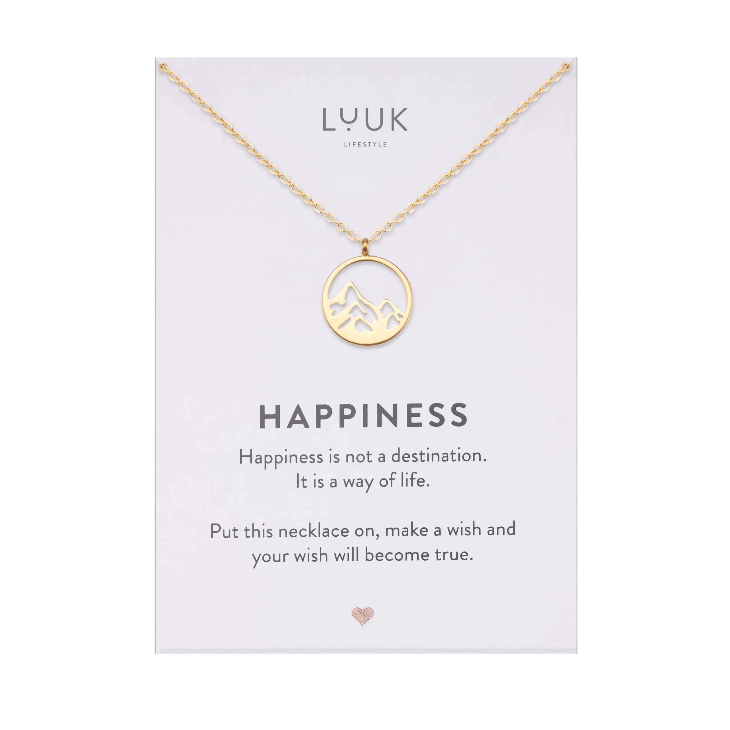 LUUK LIFESTYLE Necklace with mountain peak coin pendant and HAPPINESS card jewellery for mountain enthusiasts & hikers gold